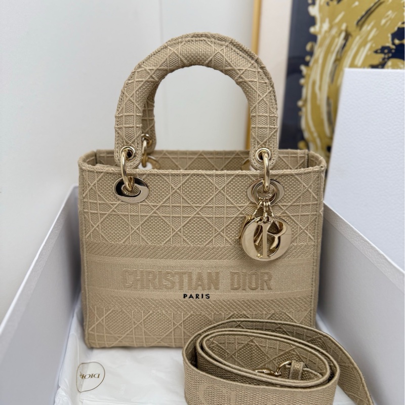 【全套🩷】Dior lady 米色藤格紋金扣帆布戴妃包 手袋斜挎包-0