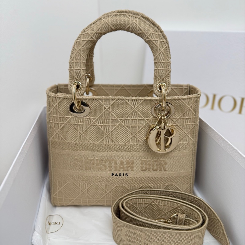 【全套🩷】Dior lady 米色藤格紋金扣帆布戴妃包 手袋斜挎包-1