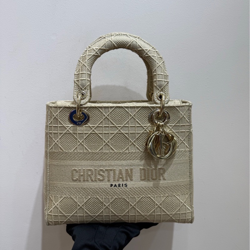 【全套🩷】Dior lady 米色藤格紋金扣帆布戴妃包 手袋斜挎包-2
