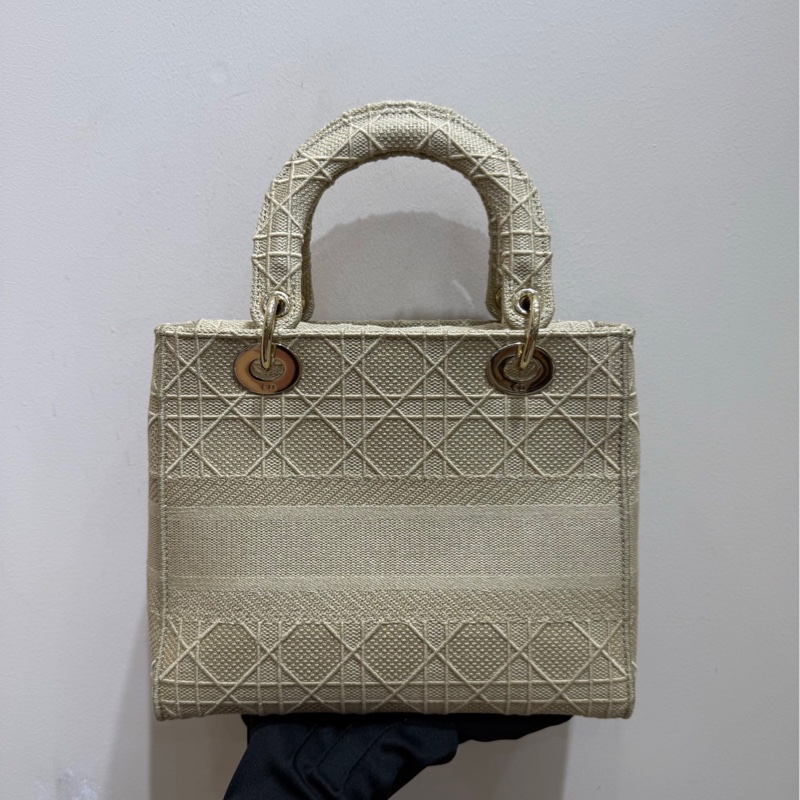 【全套🩷】Dior lady 米色藤格紋金扣帆布戴妃包 手袋斜挎包-3