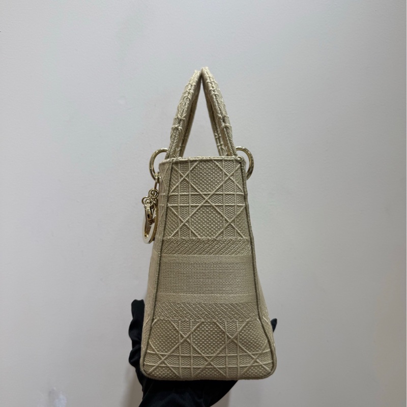 【全套🩷】Dior lady 米色藤格紋金扣帆布戴妃包 手袋斜挎包-4
