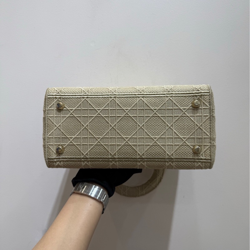 【全套🩷】Dior lady 米色藤格紋金扣帆布戴妃包 手袋斜挎包-6