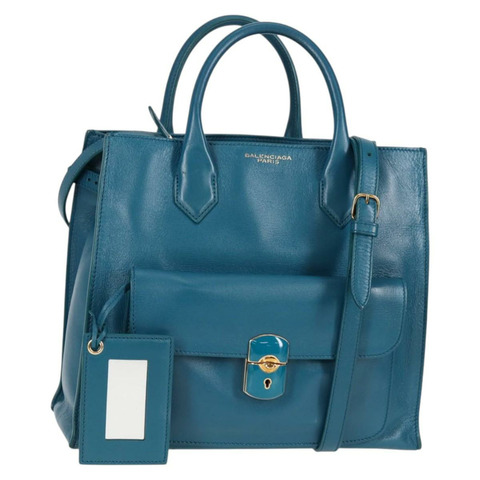 BALENCIAGA 手提包 皮革 2way 藍色 金色 305593 正品 ki5885