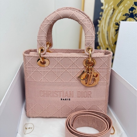 【近新閒置❤️】 Dior 全套粉色藤格紋金扣帆布戴妃包 手袋