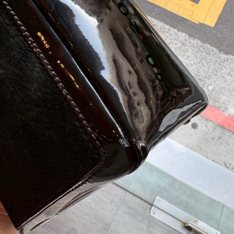 Chanel 銀鍊黑漆皮+馬毛口袋豆腐包 托特包-9