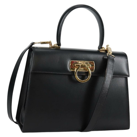 Salvatore Ferragamo Gancini 手提包 皮革 2 款 黑色 金色 正品 yk19329V