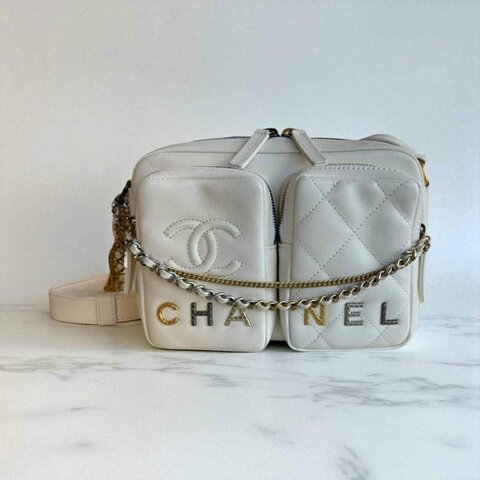 CHANEL 雙口袋相雞包 炸彈包 白色