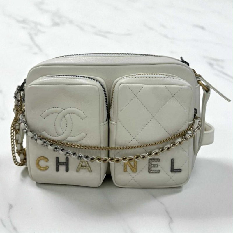CHANEL 雙口袋相雞包 炸彈包 白色-0