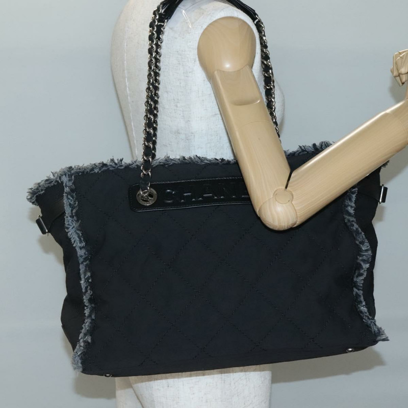 【日本直送】香奈兒 Wild Stitch 鏈條單肩包帆布黑色銀色 CC 正品 140498-22