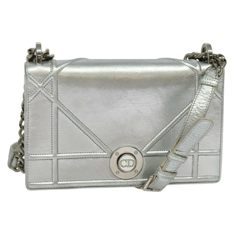 Christian Dior 鏈條 Diorama 肩背包 皮革 銀色 正品 BA5163