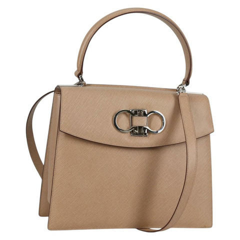 Salvatore Ferragamo Gancini 手提包 皮革 2 向 米色 銀色 正品 142127V