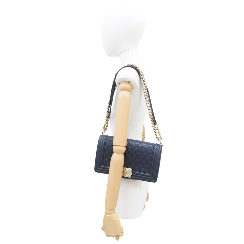 藍色 牛皮 菱格紋 荔枝紋 BOY 25 鍊帶 肩背包 金扣【CHANEL 香奈兒】 A67086-8