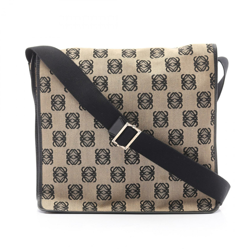 LOEWE Anagram 肩背包 帆布 皮革 米色 黑色 二手 女士-0