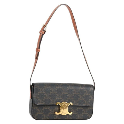 CELINE Triomphe Claude 單肩包 PVC 皮革 黑金 正品 yk19380M