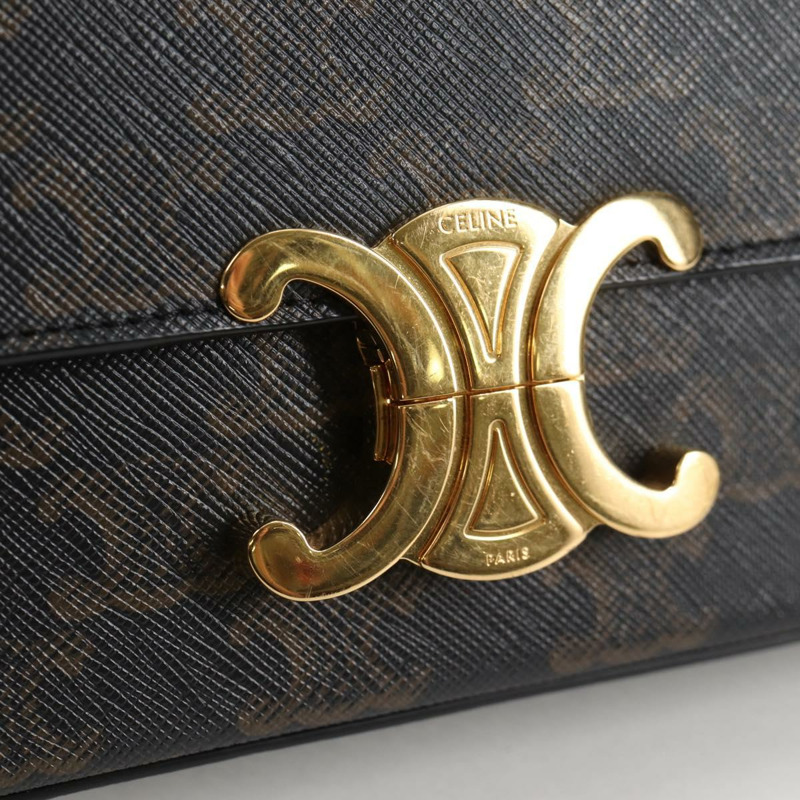 【日本直送】CELINE Triomphe Claude 單肩包 PVC 皮革 黑金 正品 yk19380M-17
