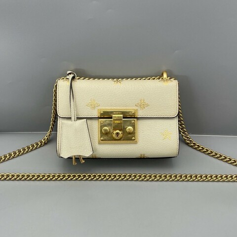 Gucci古馳 月光寶盒燙金小蜜蜂白色 肩背包斜背包 20*12*7cm