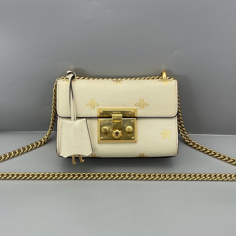 Gucci古馳 月光寶盒燙金小蜜蜂白色 肩背包斜背包 20*12*7cm-0