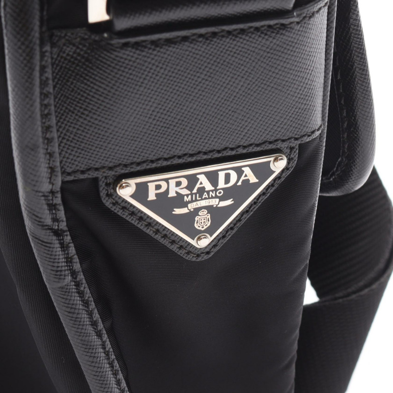 PRADA 斜背包 V167 尼龍十字紋皮革黑色二手男女通用-4