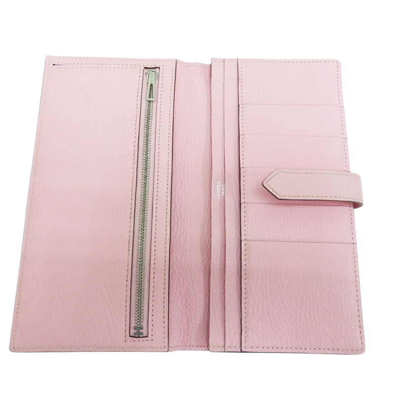 粉色 山羊皮 Bearn Soufflet 雙折長夾 Z刻 銀扣【HERMES 愛馬仕】 Z刻/Rose Sakura-4