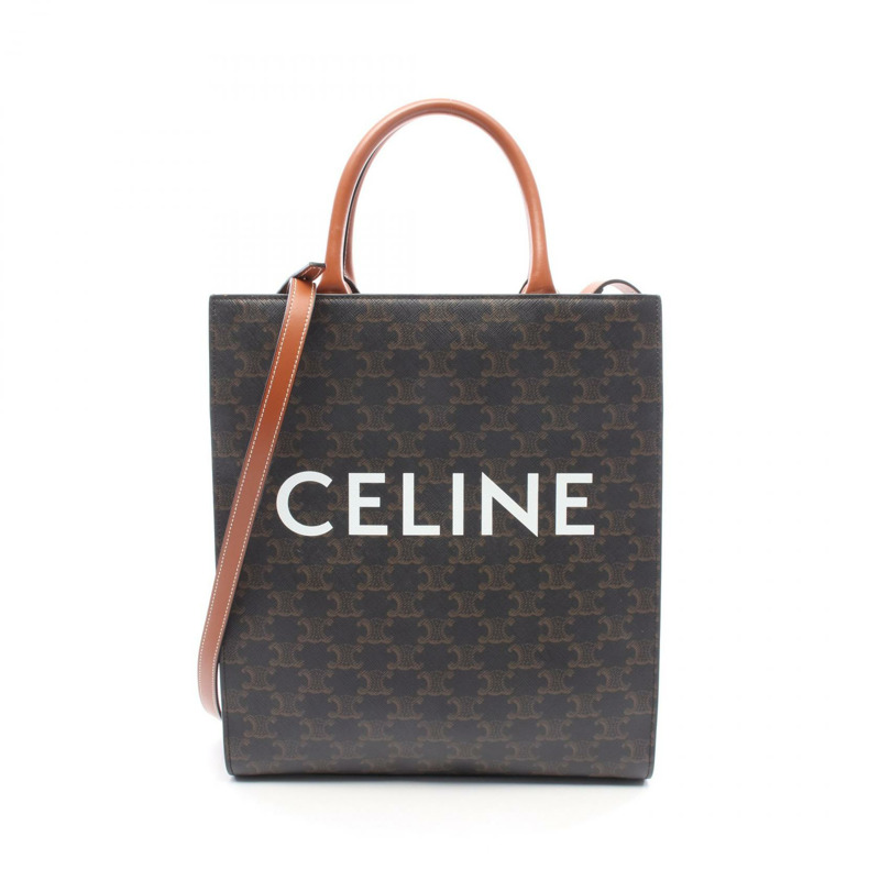 CELINE 小號 Vertical Cabas Triomphe 手提包 191542 帆布皮革棕色二手-0
