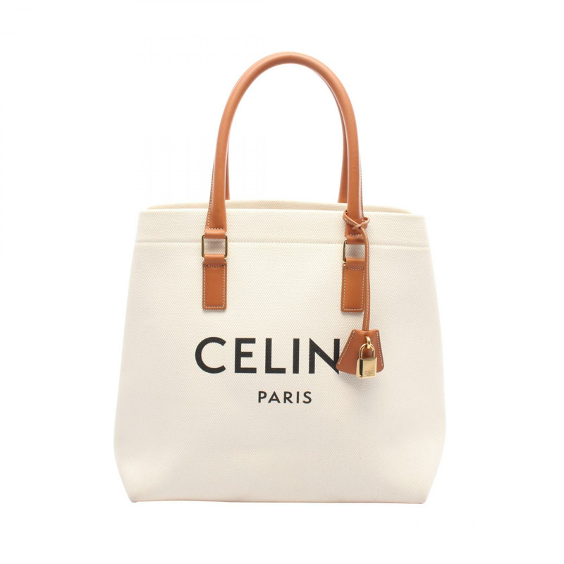 CELINE Horizontal Cabas 手提包 192162BNZ.02NT 帆布皮革白棕色二手-0