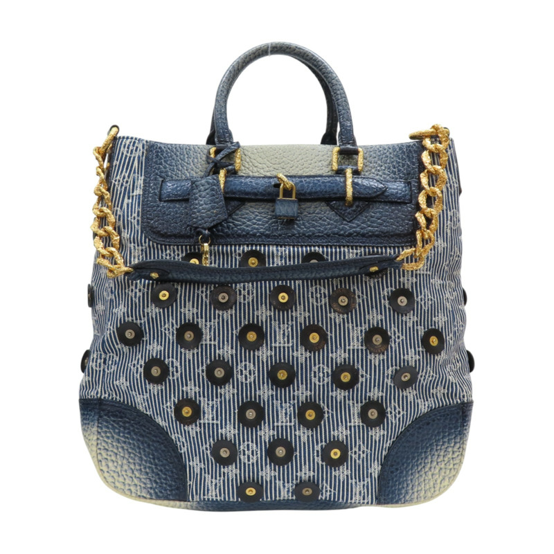 藍色 條紋牛仔布 牛皮 兩用包 金扣【LOUIS VUITTON 路易威登】 M95422-0