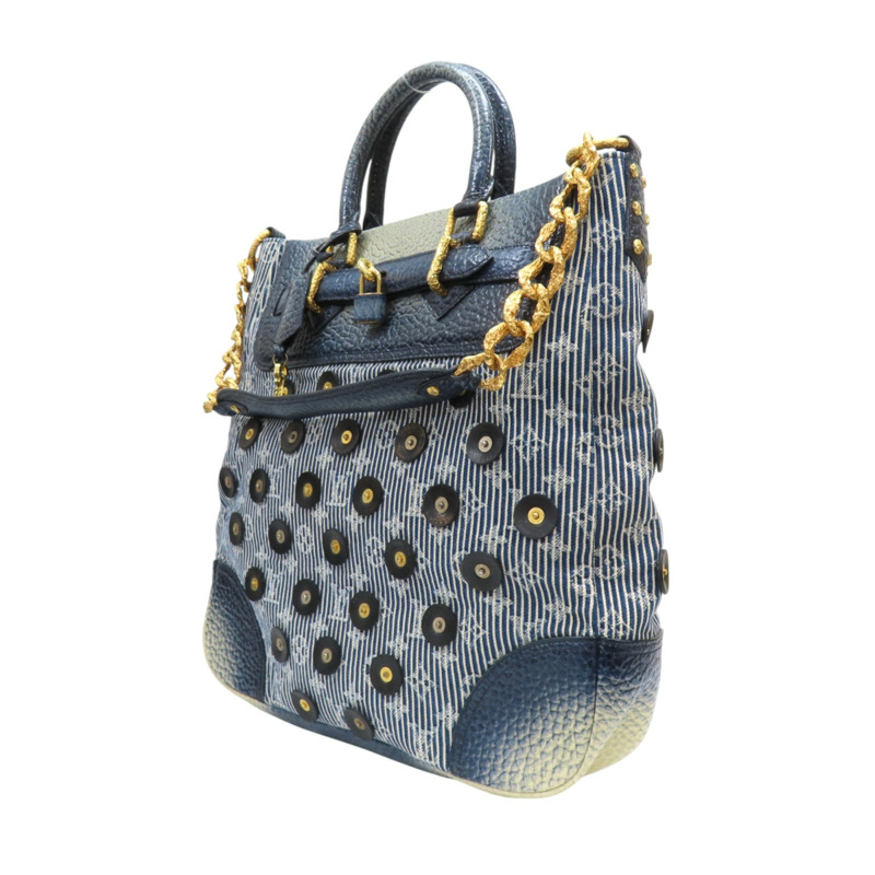 藍色 條紋牛仔布 牛皮 兩用包 金扣【LOUIS VUITTON 路易威登】 M95422-2