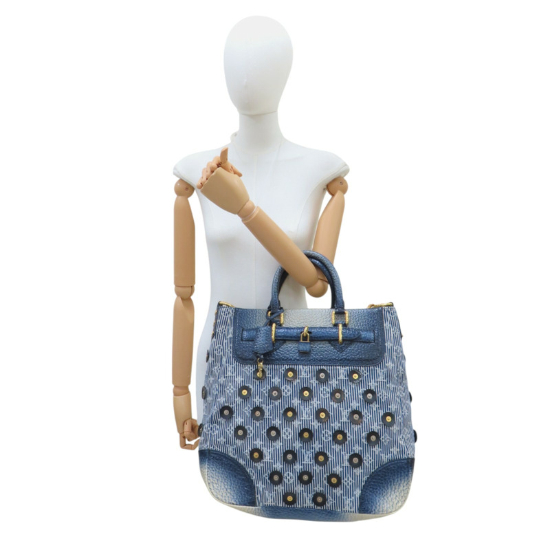 藍色 條紋牛仔布 牛皮 兩用包 金扣【LOUIS VUITTON 路易威登】 M95422-10