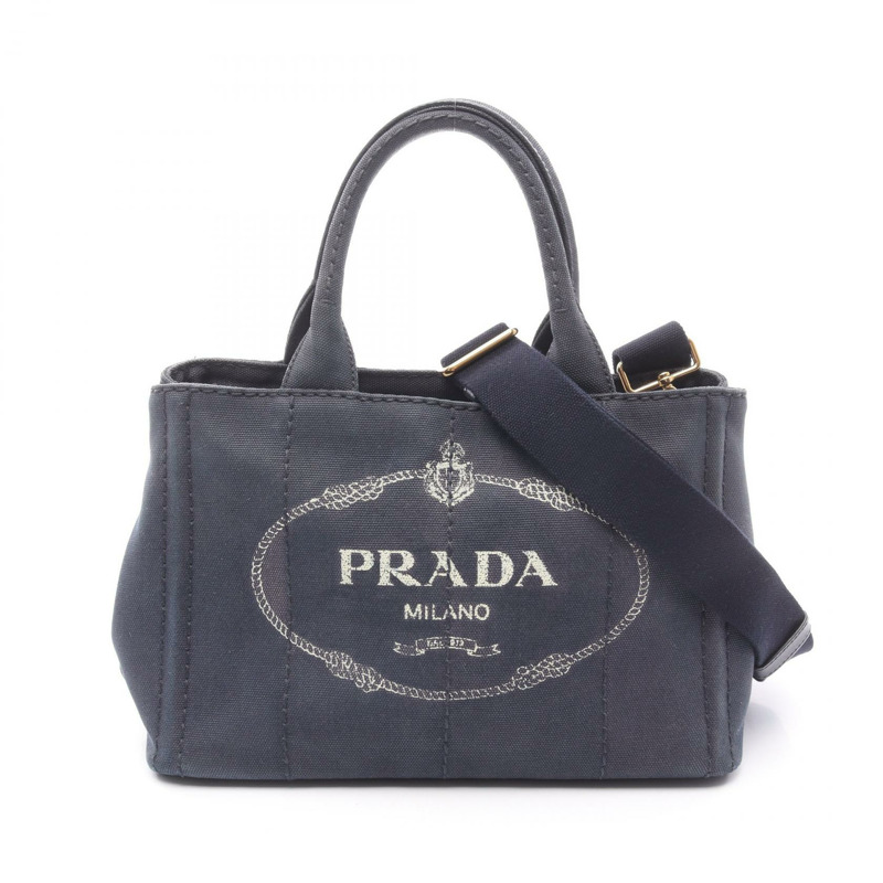 PRADA Canapa 2Way 斜背包 單肩托特包 1BG439 帆布 海軍藍 二手-0