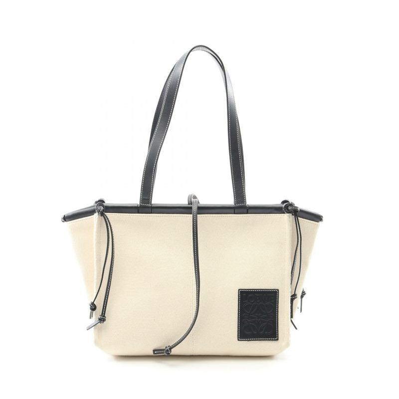 LOEWE CUSHION TOTE 小號包 330.02AA93 帆布皮革米色黑色二手女款-0