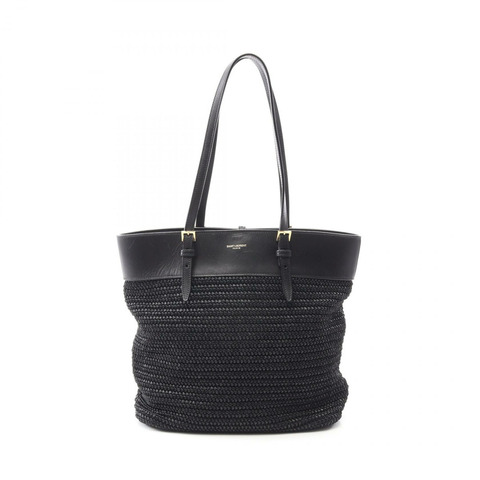 SAINT LAURENT PARIS East West 單肩手提包 609017 皮革草編黑色 二手