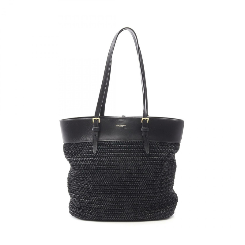 SAINT LAURENT PARIS East West 單肩手提包 609017 皮革草編黑色 二手-0