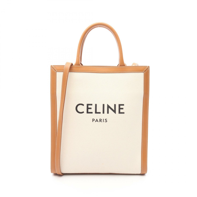 CELINE 小號 Vertical Cabas 單肩托特包 帆布 皮革 白色 棕色 二手-0