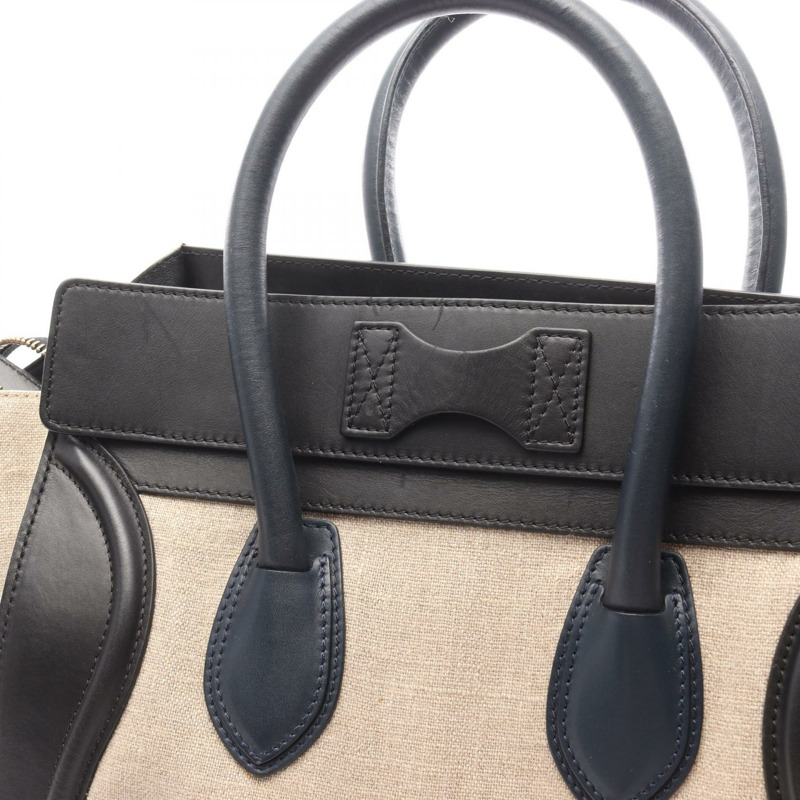CELINE Luggage 迷你購物袋手提包 165212 帆布皮革米色黑色二手女款-7