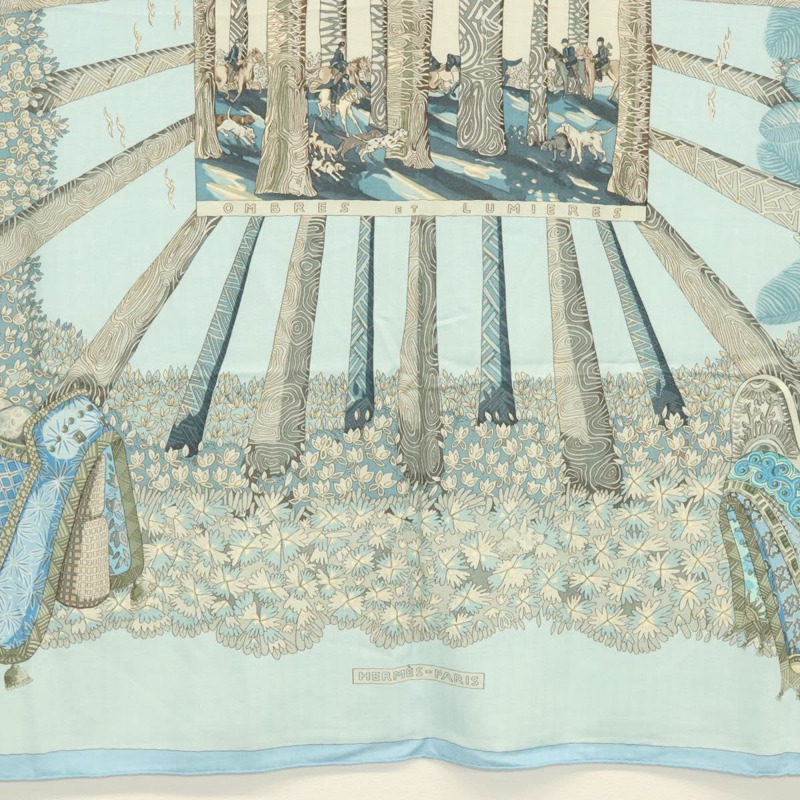 【日本直送】HERMES Carre 140 圍巾「OMBRES ET LUMIERES」羊絨藍色正品 134913M-8
