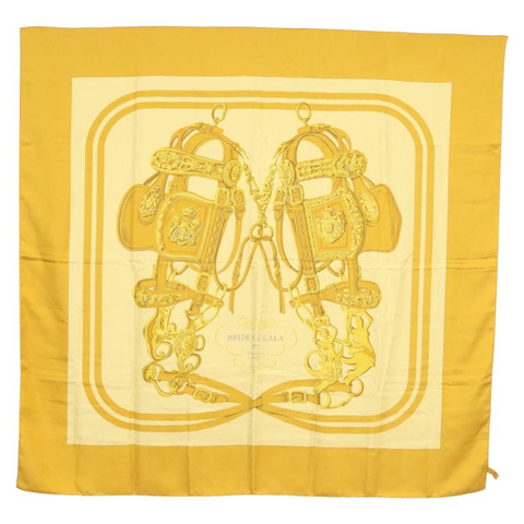 HERMES Carre 140 圍巾「BRIDES de GALA」絲綢金色正品 134922M