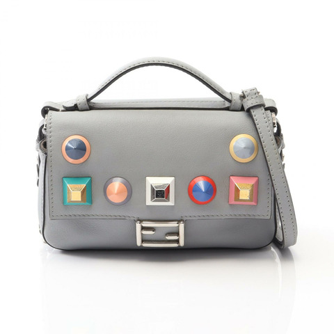 FENDI 雙迷你法國棍單肩包 手提包 8M0371 皮革 灰色 二手斜背包