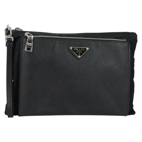 PRADA 手拿包 Saffiano 尼龍黑銀色正品 am9108V
