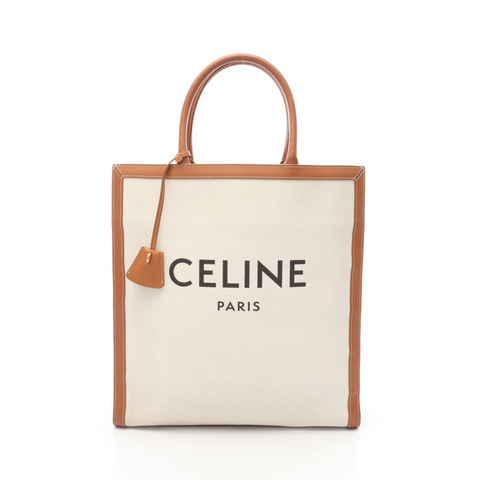 CELINE 垂直蓋大手提包帆布皮革白色棕色二手女款