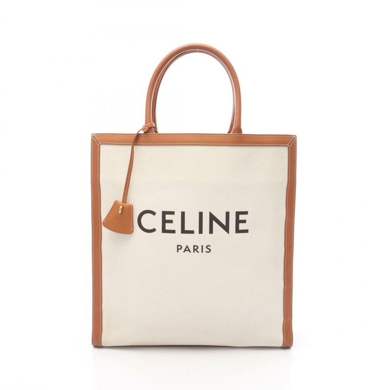 CELINE 垂直蓋大手提包帆布皮革白色棕色二手女款-0