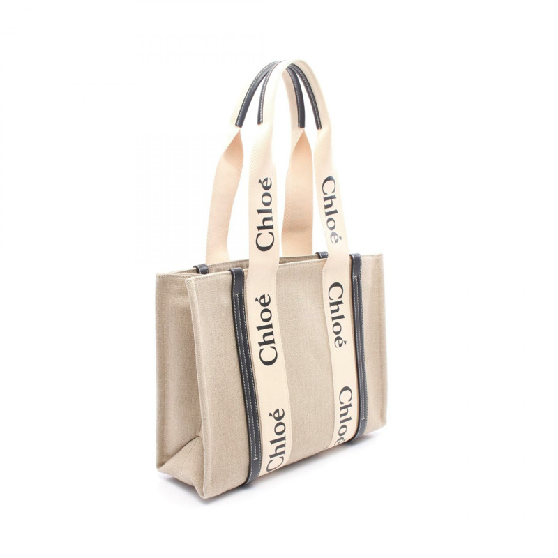 Chloe WOODY 中型托特單肩包 帆布皮革 米色 黑色 二手 女士 logo-1