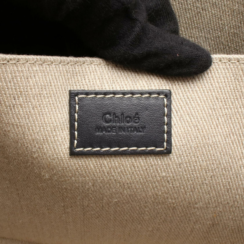 Chloe WOODY 中型托特單肩包 帆布皮革 米色 黑色 二手 女士 logo-3