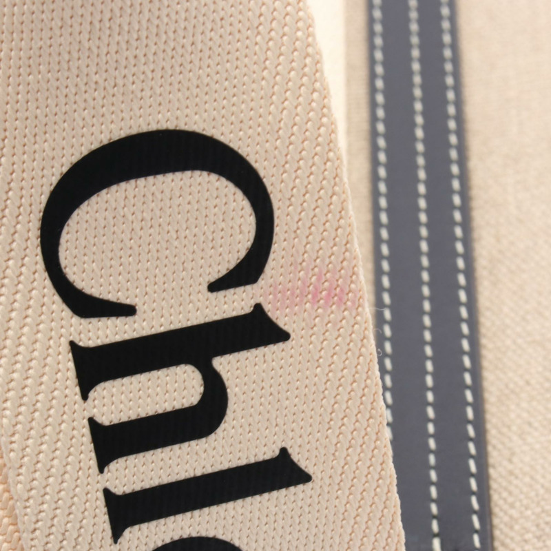 Chloe WOODY 中型托特單肩包 帆布皮革 米色 黑色 二手 女士 logo-6