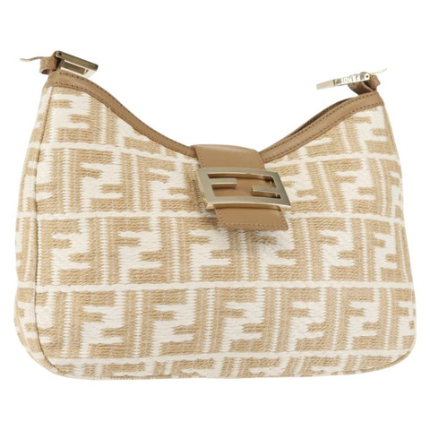 FENDI Zucca 帆布肩背包 草編 米色 金色 正品 142297