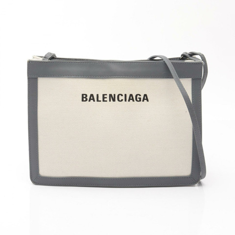 BALENCIAGA 海軍藍 Pochette 單肩包 339937 帆布皮革米色灰色二手