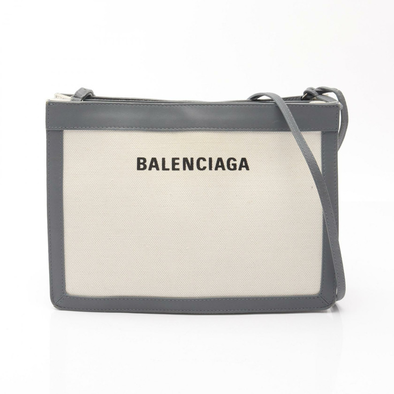 BALENCIAGA 海軍藍 Pochette 單肩包 339937 帆布皮革米色灰色二手-0