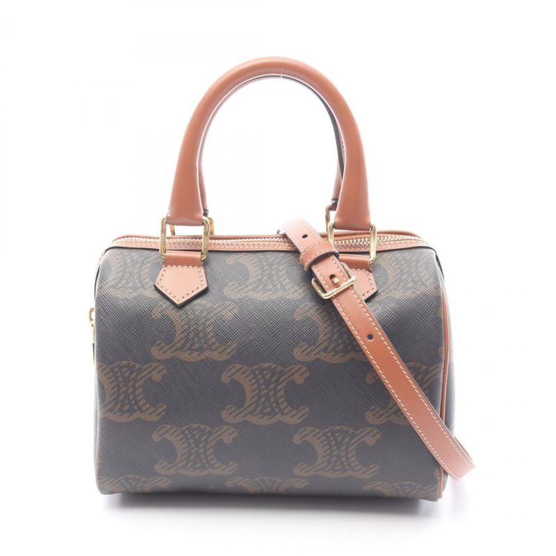 CELINE Triomphe 小號手提包斜背包帆布皮革黑色棕褐色二手-0
