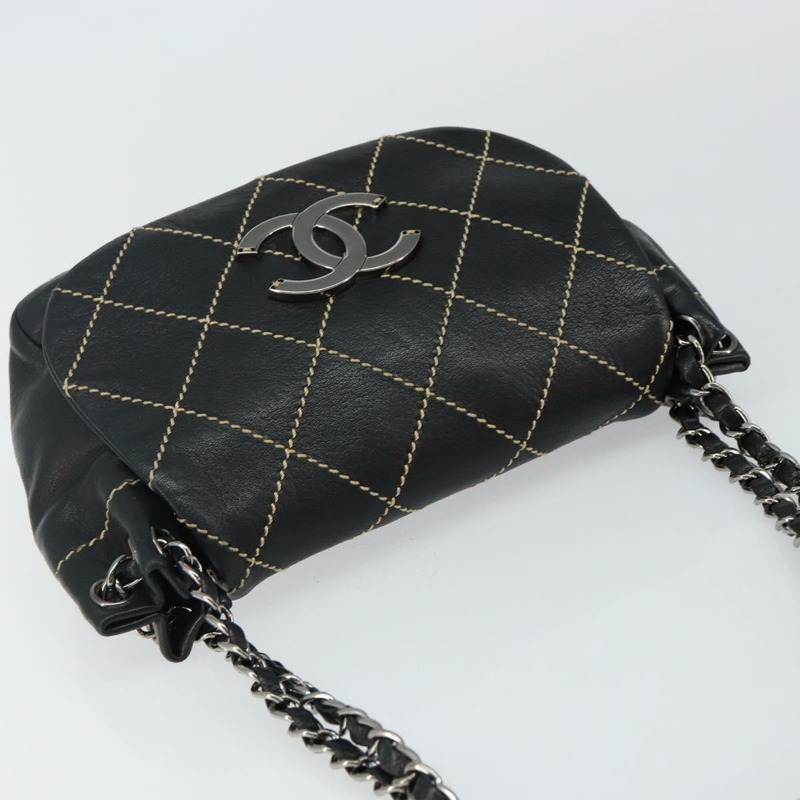 【日本直送】香奈兒 Wild Stitch 鏈條單肩包 皮革 黑色 銀色 CC 正品 BA5927-5