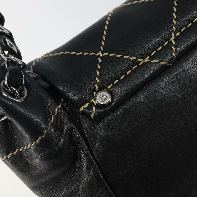 【日本直送】香奈兒 Wild Stitch 鏈條單肩包 皮革 黑色 銀色 CC 正品 BA5927-16