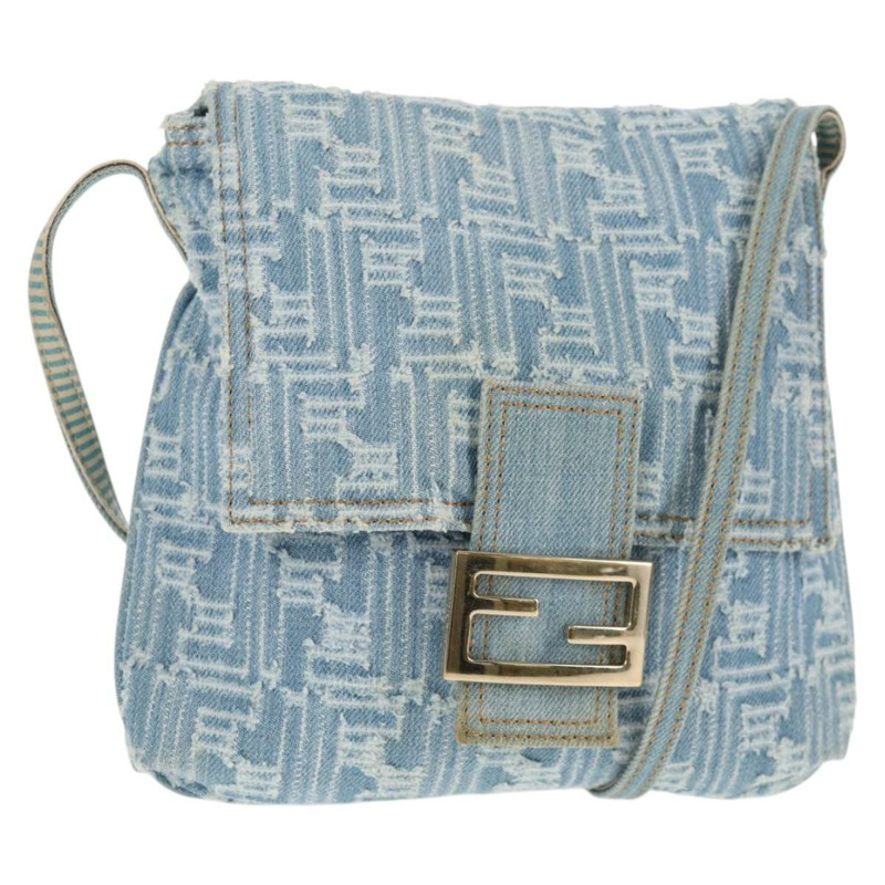 【日本直送】FENDI Zucca 帆布 Mamma Baguette 單肩包 牛仔藍金色 正品 hk2972V-0